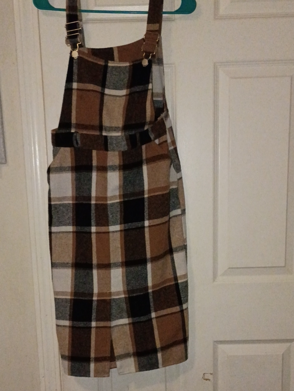SHEIN Plaid Suspender Pencil Skirt in Brown, Black and Cream